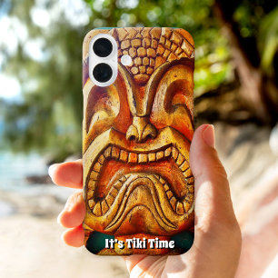 It's Tiki Time Hawaii Wood Face Photo Fun Retro iPhone 16 Plus Case