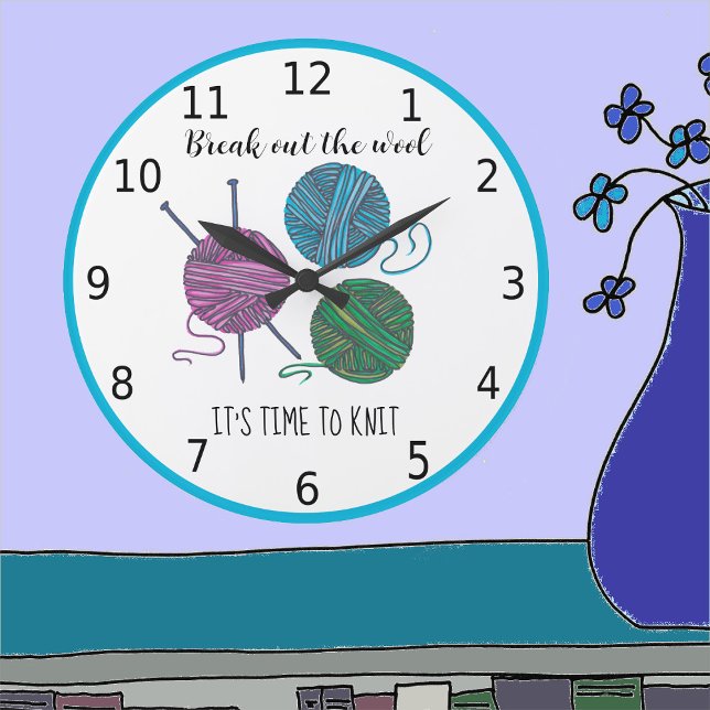 It's time to knit - blue border - personalised large clock (Creator Uploaded)