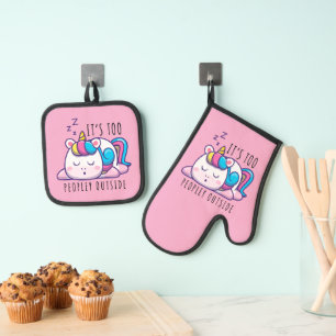 It's Too Peopley Outside Unicorn Introvert Oven Mitt & Pot Holder Set