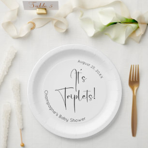 It's Triplets Modern Script Baby Shower Paper Plate