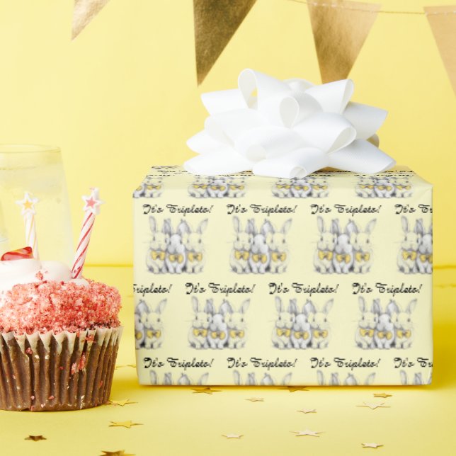 It's Triplets! Unisex, Bunnies, Yellow, Triplets Wrapping Paper (Birthday Party)