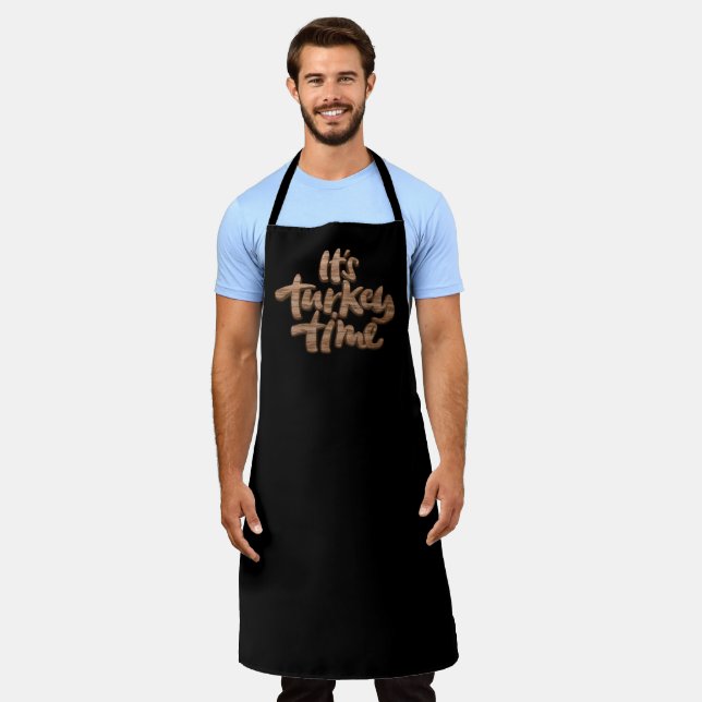 It's Turkey Time, Thanksgiving Dinner Slogan Wood Apron (Worn)