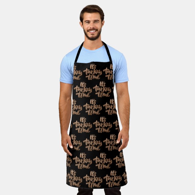 It's Turkey Time, Thanksgiving Dinner Slogan Wood Apron (Worn)