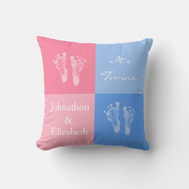 Its Twin Boy and Girl Cute Pink Baby Footprints Cushion (Front)