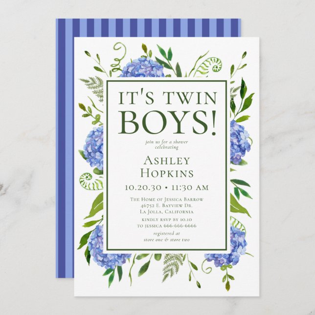 It's Twin Boys Blue Hydrangeas Baby Shower  Invitation (Front/Back)