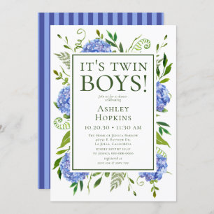 It's Twin Boys Blue Hydrangeas Baby Shower  Invitation