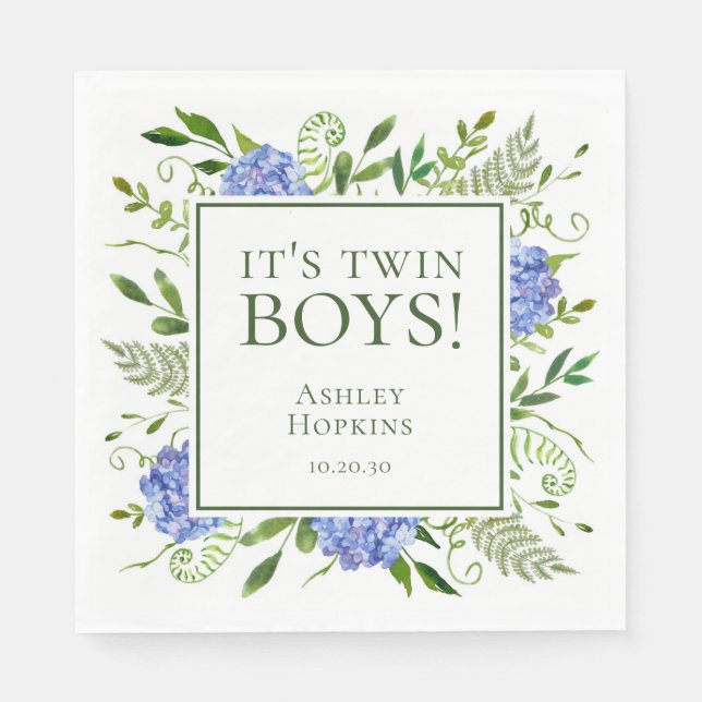 It's Twin Boys Blue Hydrangeas Boy Baby Shower Napkin (Front)