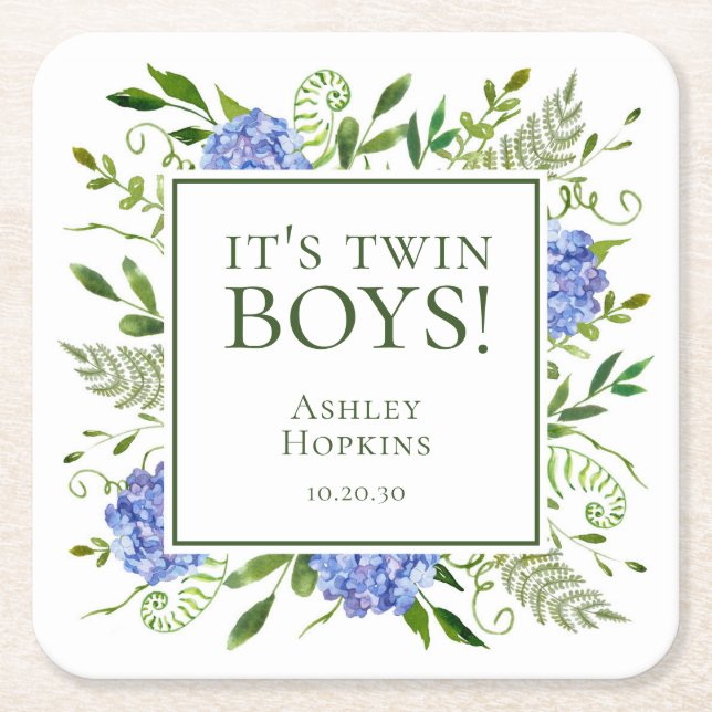 It's Twin Boys Blue Hydrangeas Boy Baby Shower Square Paper Coaster (Front)