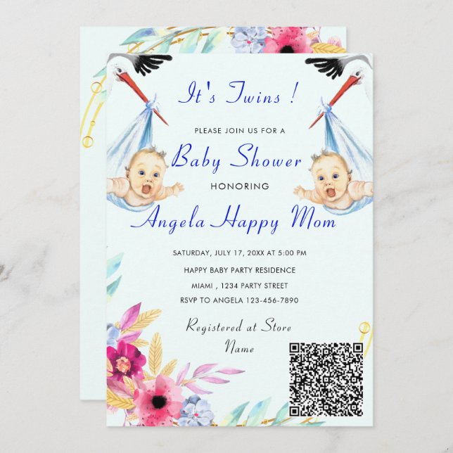 It's Twin Boys QR Code Info Baby Shower Invitation (Front/Back)