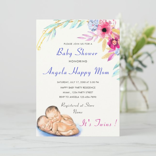 It's Twin Boys! Sweet Stork Baby Shower Invitation (Standing Front)