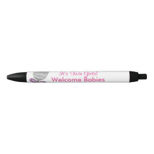 It's Twin Girls Baby Rattle Pink Bow Announcement Black Ink Pen