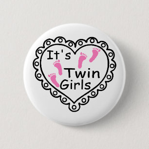 Its Twin Girls Pink Footprints Hearts 6 Cm Round Badge