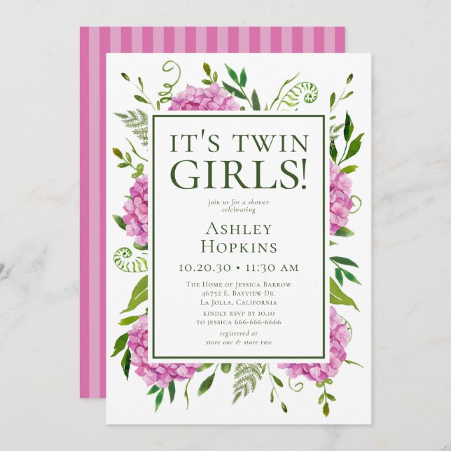 It's Twin Girls Pink Hydrangeas Baby Shower  Invitation (Front/Back)