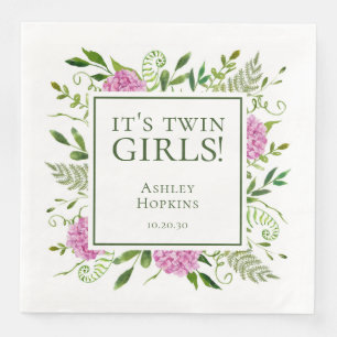 It's Twin Girls Pink Hydrangeas Girl Baby Shower Napkin