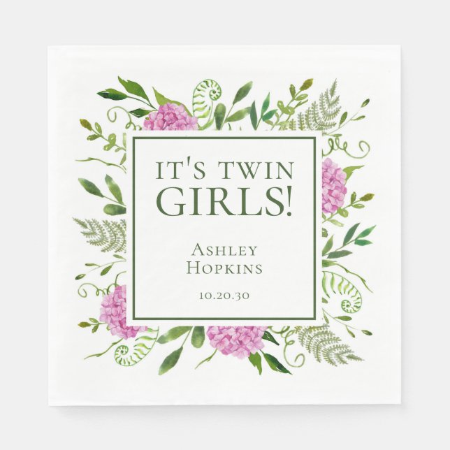 It's Twin Girls Pink Hydrangeas Girl Baby Shower Napkin (Front)