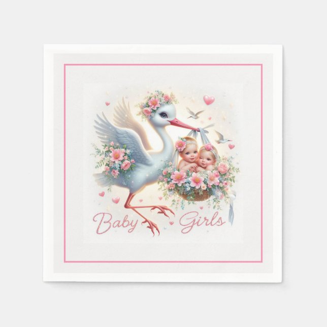 It's Twin Girl's with Stork, Baby Girls and Flower Napkin (Front)