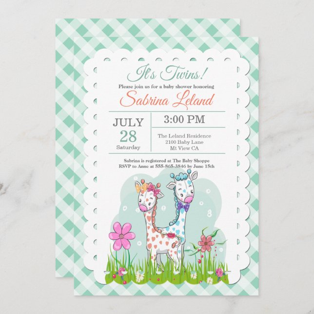 It's Twins Adorable Giraffes Baby Shower Invitation (Front/Back)