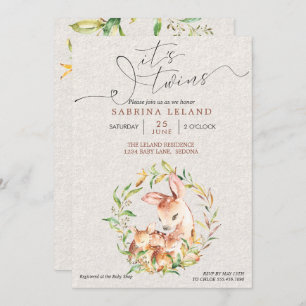 It's Twins Baby Shower Deer Fawns in Leafy Wreath Invitation