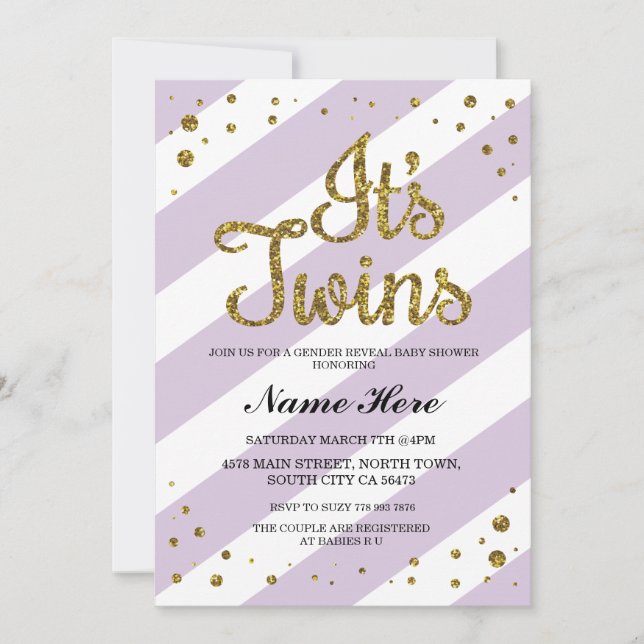 It's Twins Baby Shower Gender Reveal Purple Invite (Front)