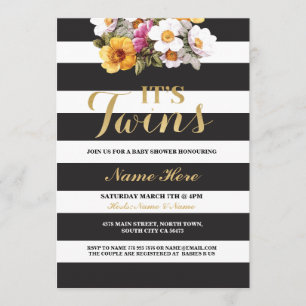 It's Twins Baby Shower Stripe Gold Floral Invite