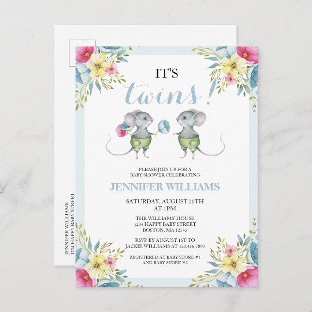It's Twins Blue Floral Boy Twins Baby Shower  Invitation Postcard (Front/Back)