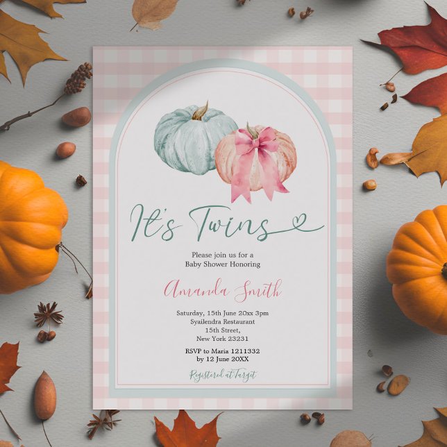 It's Twins Blue & Pink Pumpkin Gingham Baby Shower Invitation (Creator Uploaded)