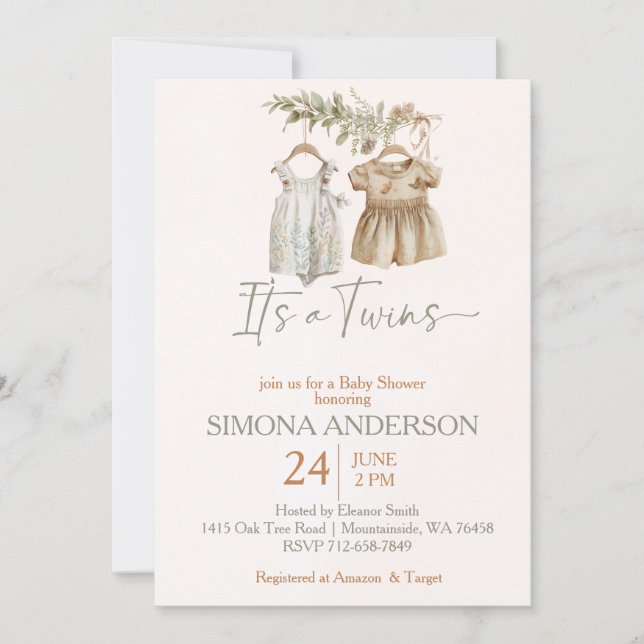 It's twins boho clothes nursery baby shower  invitation (Front)