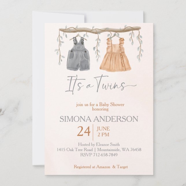 It's twins boho clothes nursery baby shower  invitation (Front)