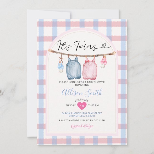 It's Twins Bow Clothes Autumn Gingham Baby Shower Invitation (Front)