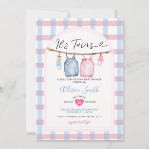 It's Twins Bow Clothes Autumn Gingham Baby Shower Invitation