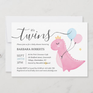 It's Twins Boy and Girl Pink Dinosaur Baby Shower Invitation