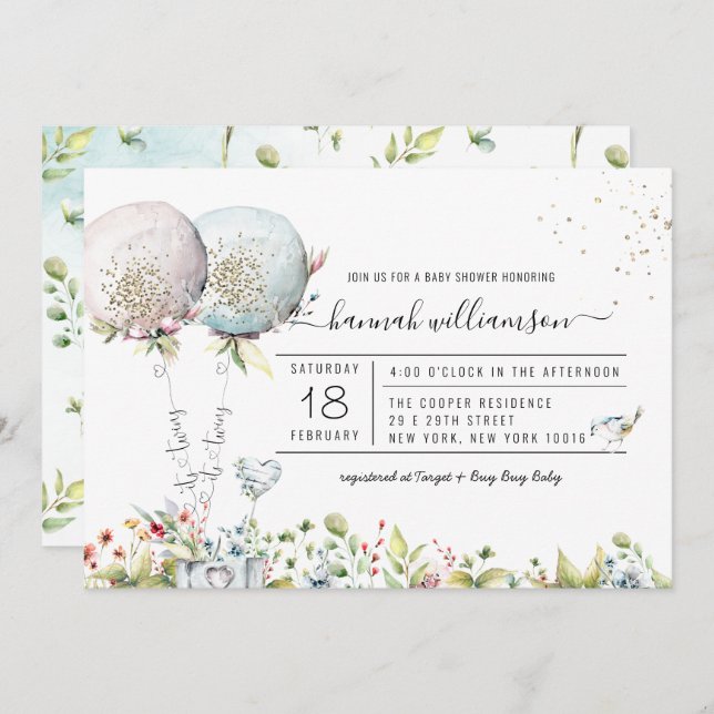 It's Twins Boy Girl Balloon Baby Shower Invitation (Front/Back)