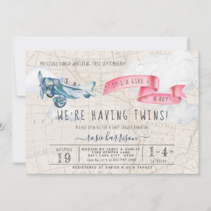 It's Twins Boy Girl   Vintage Aeroplane Baby Showe Invitation