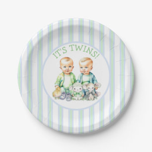 It's Twins! Cute boy twins Baby Shower Paper Plate