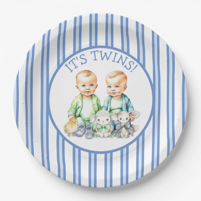 It's Twins! Cute boy twins Baby Shower Paper Plate (Front)