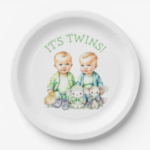 It's Twins! Cute boy twins Baby Shower Paper Plate
