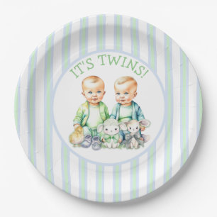 It's Twins! Cute boy twins Baby Shower Paper Plate