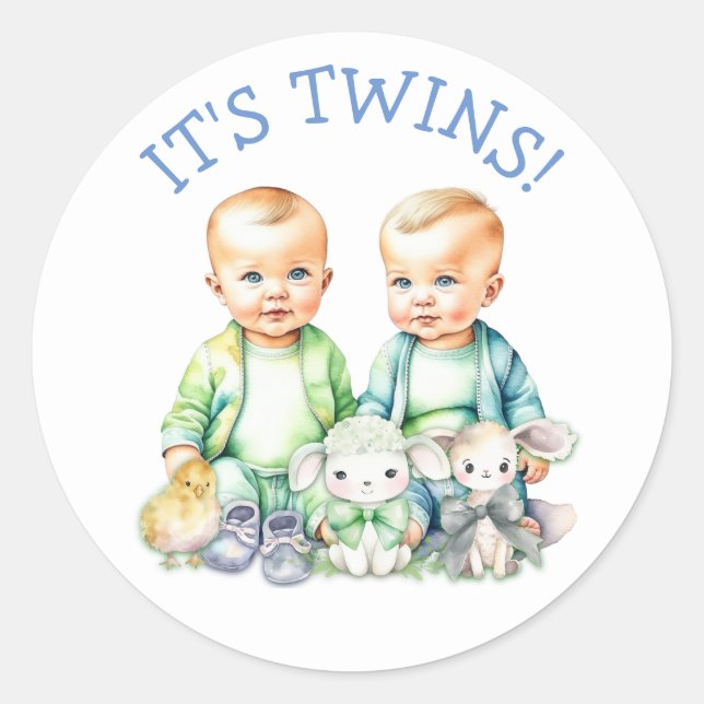 It's Twins! Cute boy twins Baby Shower Treats Classic Round Sticker (Front)