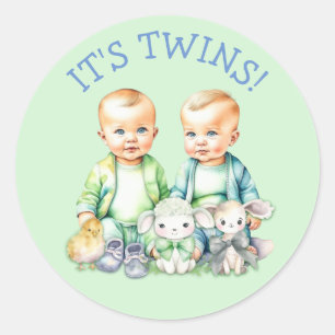 It's Twins! Cute boy twins Baby Shower Treats Classic Round Sticker