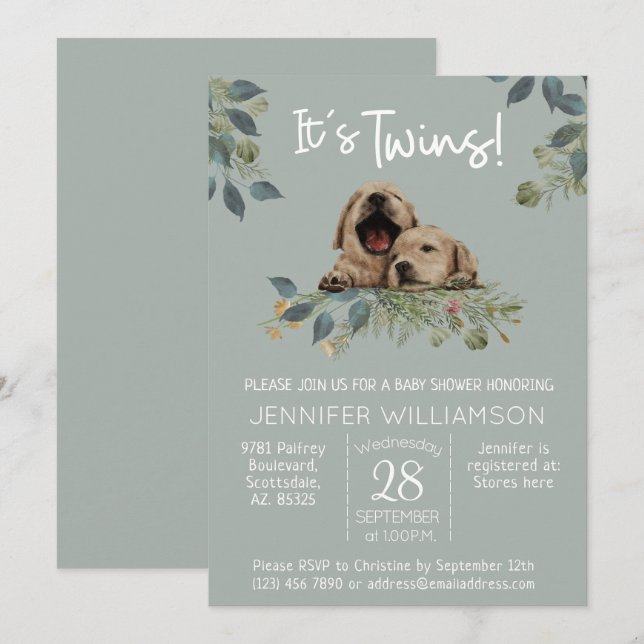 It's Twins! Cute Dog Baby Shower Invitation (Front/Back)