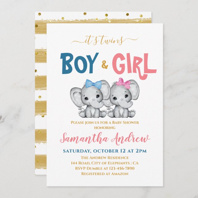 It's Twins Cute Elephant Boy & Girl Baby Shower Invitation (Front/Back)