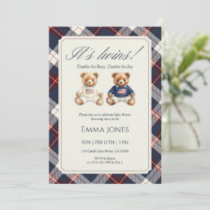 Its Twins Double Plaid teddy bear Baby Shower Invitation