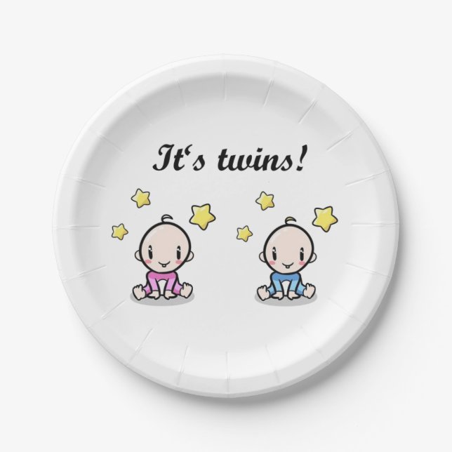 It's Twins, Mixed Twin Baby Shower, Girl & Boy,  Paper Plate (Front)