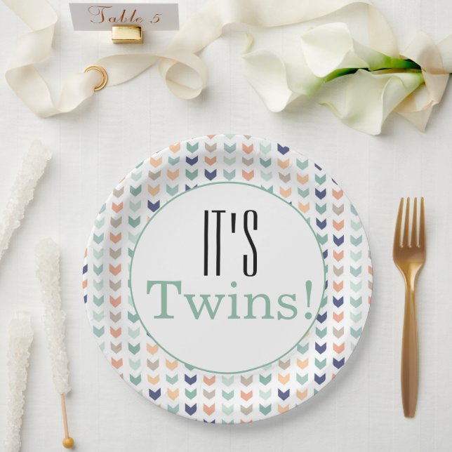 It's Twins! Modern Geometric Baby Shower Party Paper Plate (Wedding)