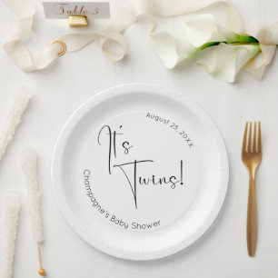 It's Twins Modern Script Baby Shower Paper Plate