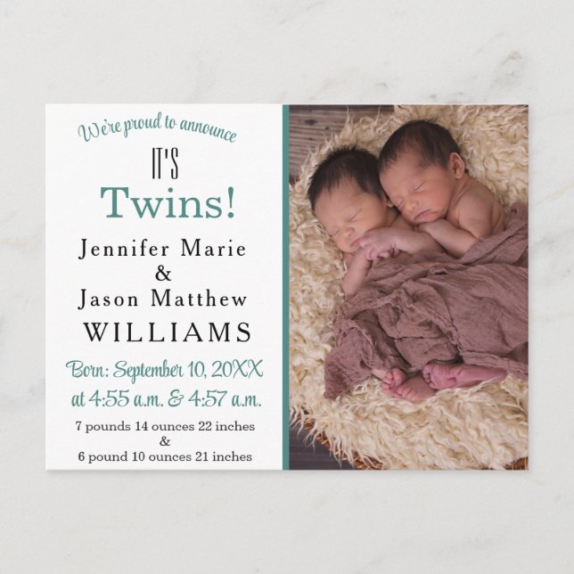 It's Twins Modern Teal Photo Birth Announcement Postcard (Front)