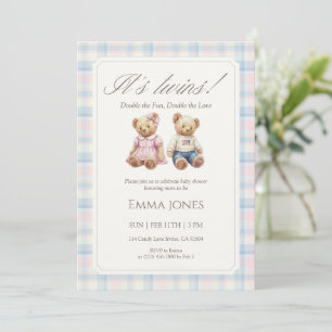 Its Twins Pastel Plaid Teddy Bear Baby Shower Invitation