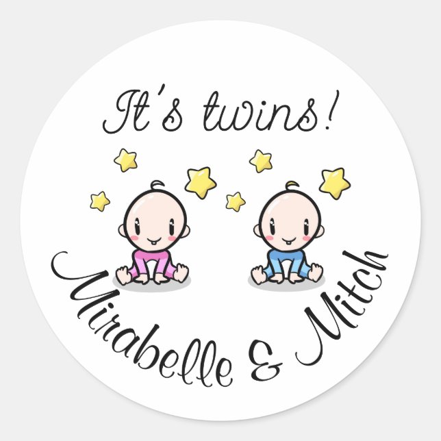 It's twins!, personalised w. names, round stickers (Front)