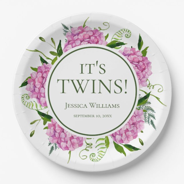 It's Twins Pink Hydrangeas Baby Shower Paper Plate (Front)
