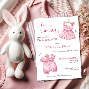 It's Twins Pink Script Baby Dresses Invitation